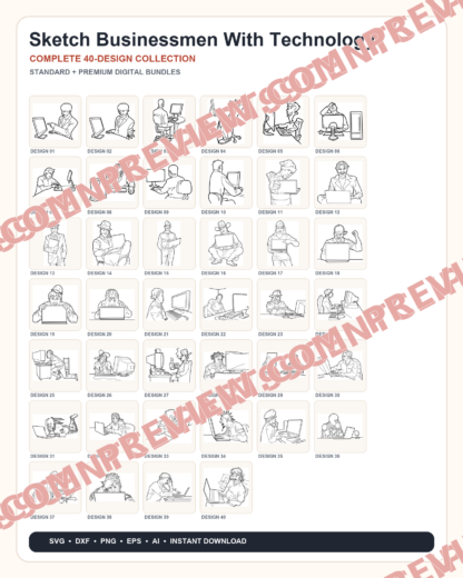 40 Sketch Businessmen With Technology Designs | Standard & Premium Bundles