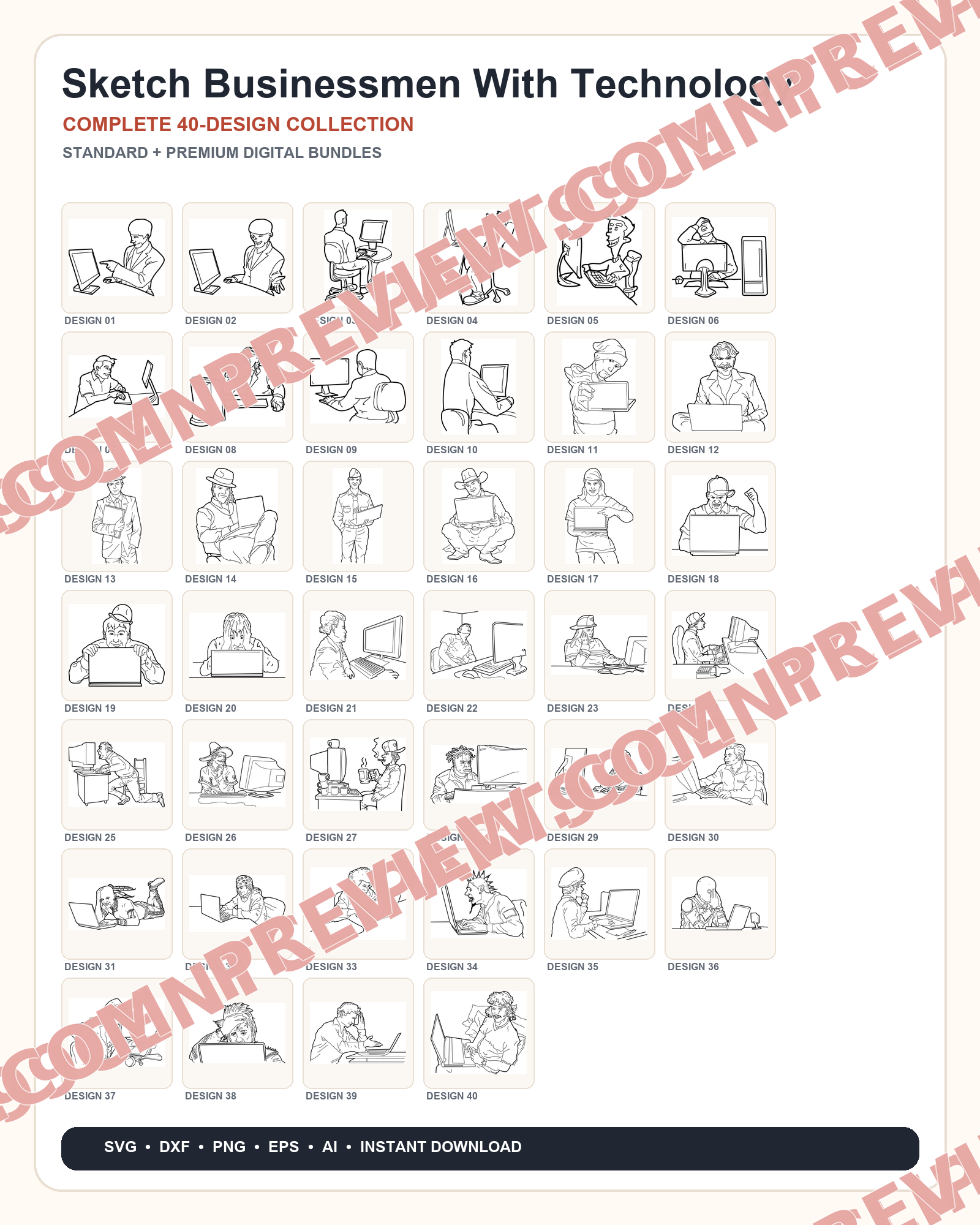 40 Sketch Businessmen With Technology Designs | Standard & Premium Bundles