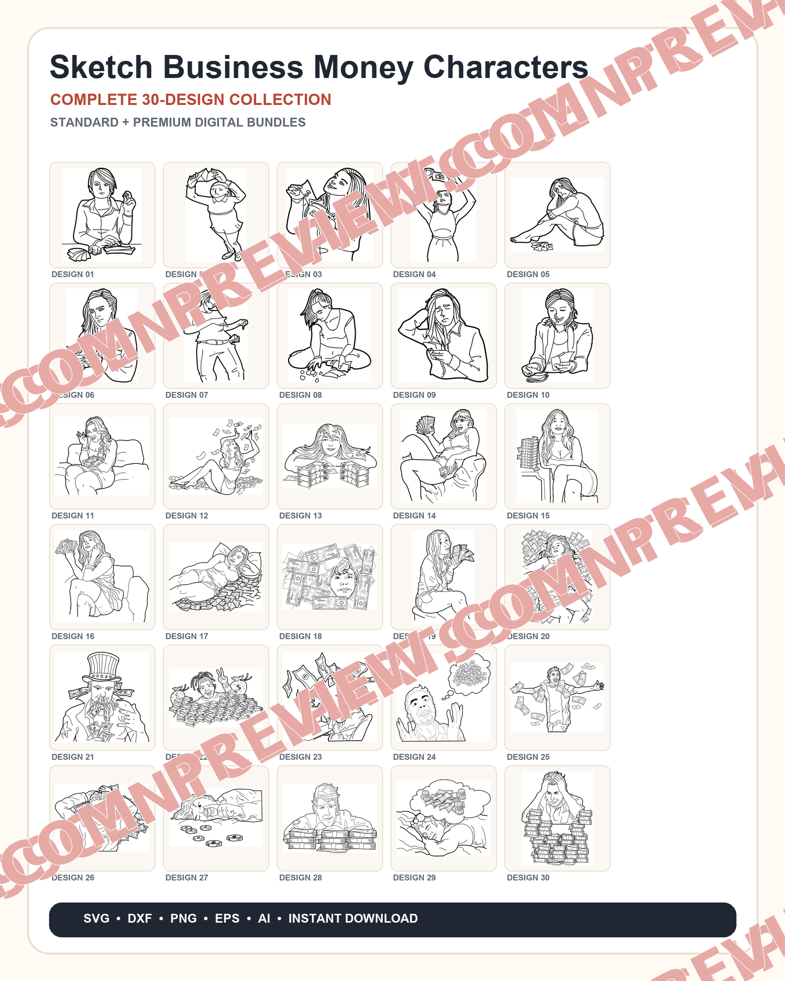 30 Sketch Business Money Characters Designs | Standard & Premium Bundles