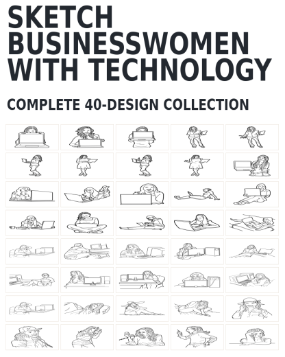 40 Sketch Businesswomen With Technology Designs | Standard & Premium Bundles